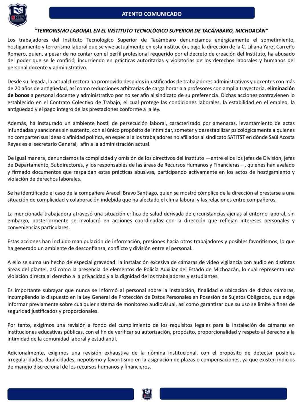 Por denunciar amenazas, malos tratos y terrorismo laboral, directora del Tecnológico de Tacámbaro "despide" a maestras bajo acusaciones sin sustento