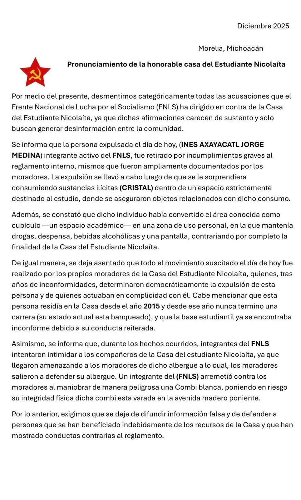 Desmiente Casa Nicolaita agr3sión de porros; FNLS había denunciado irrupción viol3nta